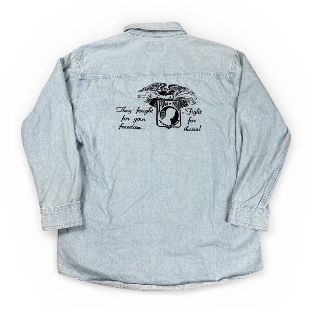 POW MIA Real Good Denim All Sport Long Sleeve Blue Denim Shirt Sz M Military